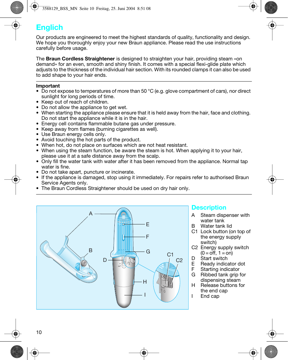 Englich, Description | Braun BSS Cordless Straightener User Manual | Page 8 / 51