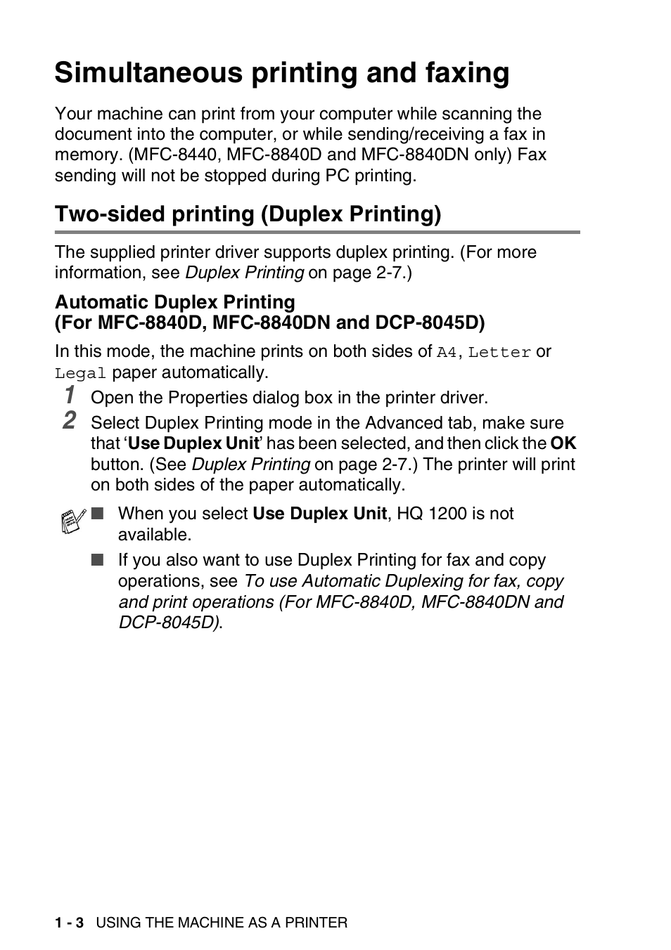 Simultaneous printing and faxing, Two-sided printing (duplex printing), Simultaneous printing and faxing -3 | Two-sided printing (duplex printing) -3, Automatic duplex printing (for mfc-8840d, Mfc-8840dn and dcp-8045d) -3 | Brother DCP-8040 User Manual | Page 10 / 178