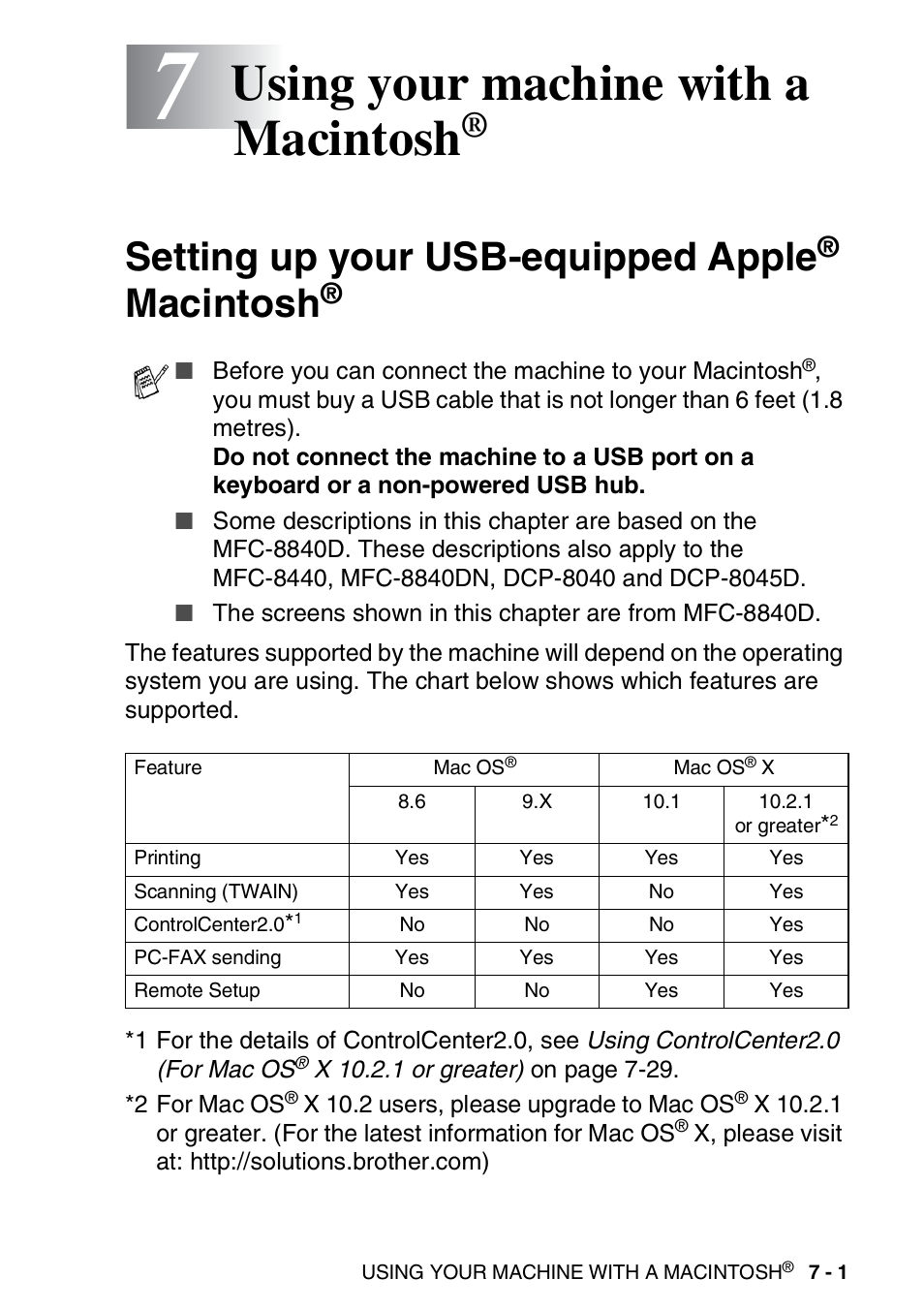 7 using your machine with a macintosh, Setting up your usb-equipped apple® macintosh, Using your machine with a macintosh | Setting up your usb-equipped apple, Macintosh | Brother DCP-8040 User Manual | Page 115 / 178