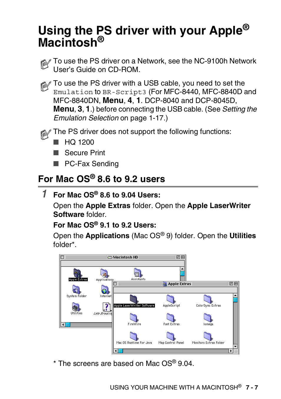 Using the ps driver with your apple® macintosh, For mac os® 8.6 to 9.2 users, Using the ps driver with your apple | Macintosh, For mac os, 6 to 9.2 users -7, 6 to 9.2 users | Brother DCP-8040 User Manual | Page 121 / 178