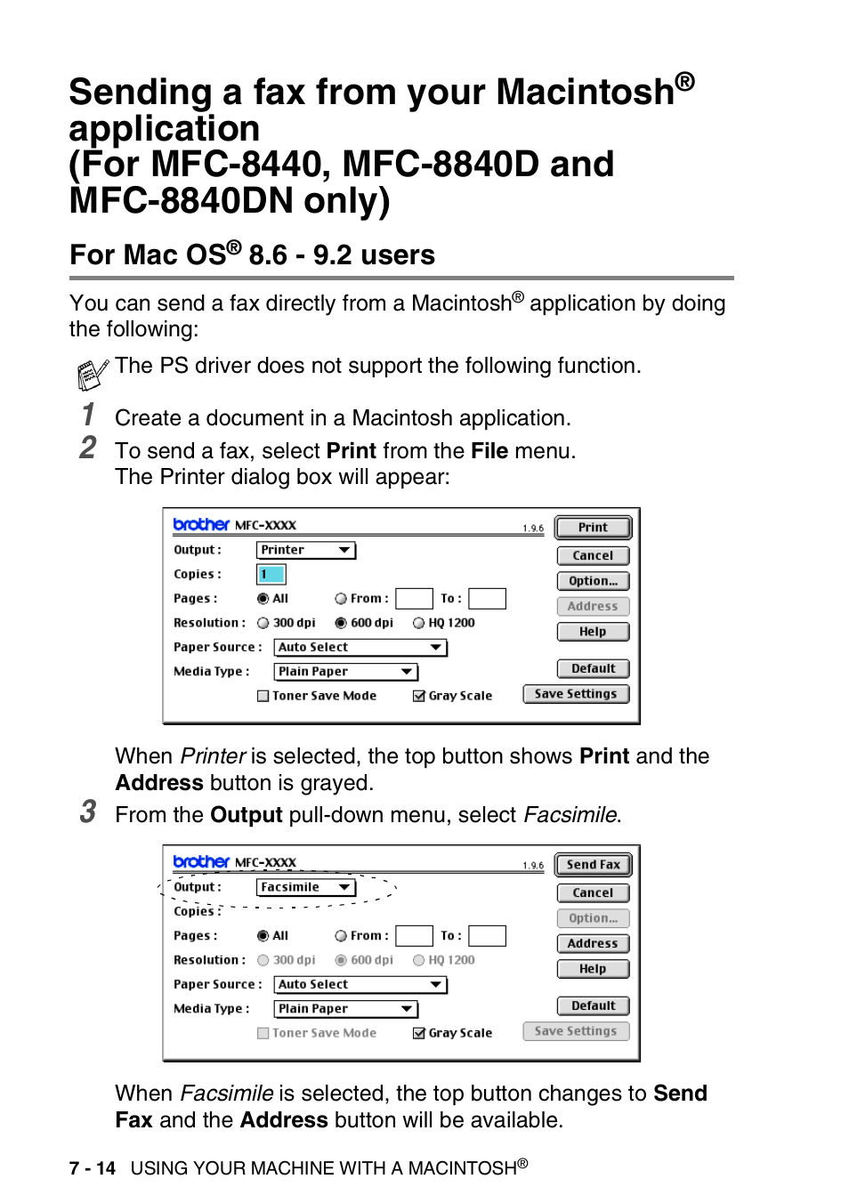 For mac os® 8.6 - 9.2 users, Sending a fax from your macintosh, Application | For mfc-8440, mfc-8840d and mfc-8840dn only) -14, For mac os, 6 - 9.2 users -14 | Brother DCP-8040 User Manual | Page 128 / 178