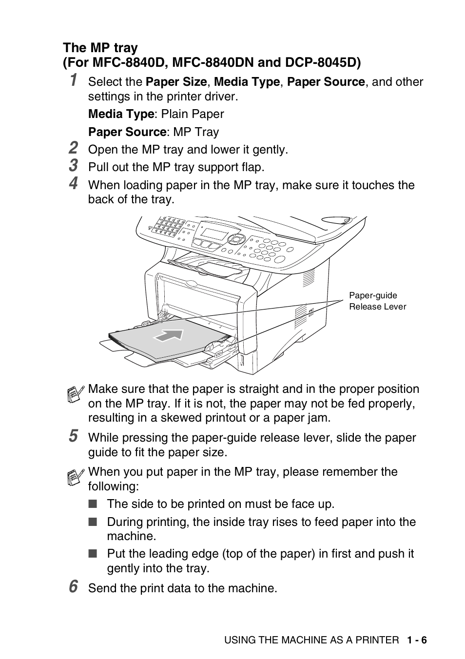 The mp tray (for mfc-8840d, mfc-8840dn, And dcp-8045d) -6 | Brother DCP-8040 User Manual | Page 13 / 178