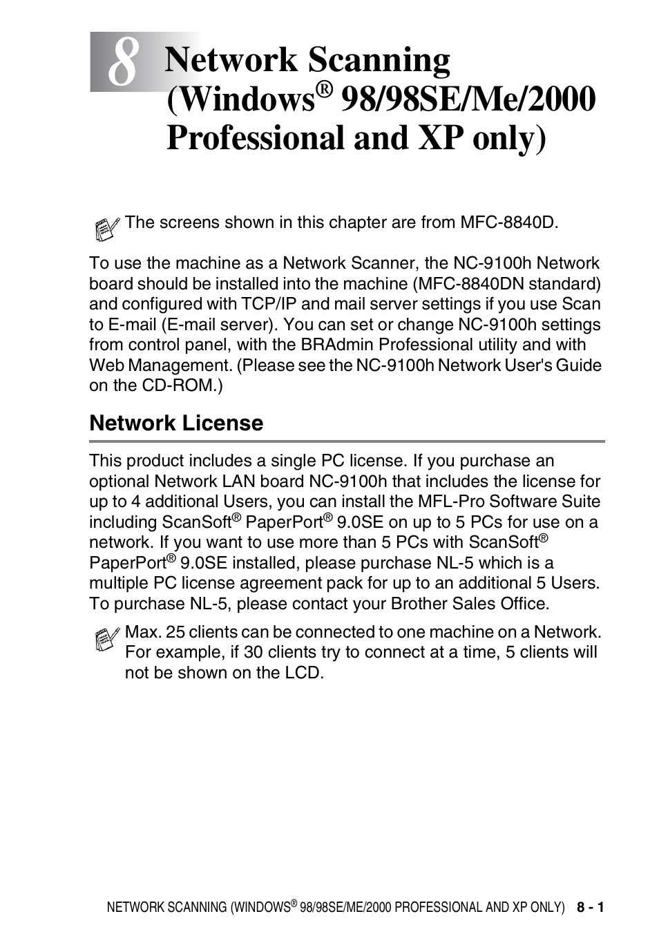 Network license, Network scanning (windows, 98/98se/me | 2000 professional and xp only) -1, Network license -1 | Brother DCP-8040 User Manual | Page 163 / 178