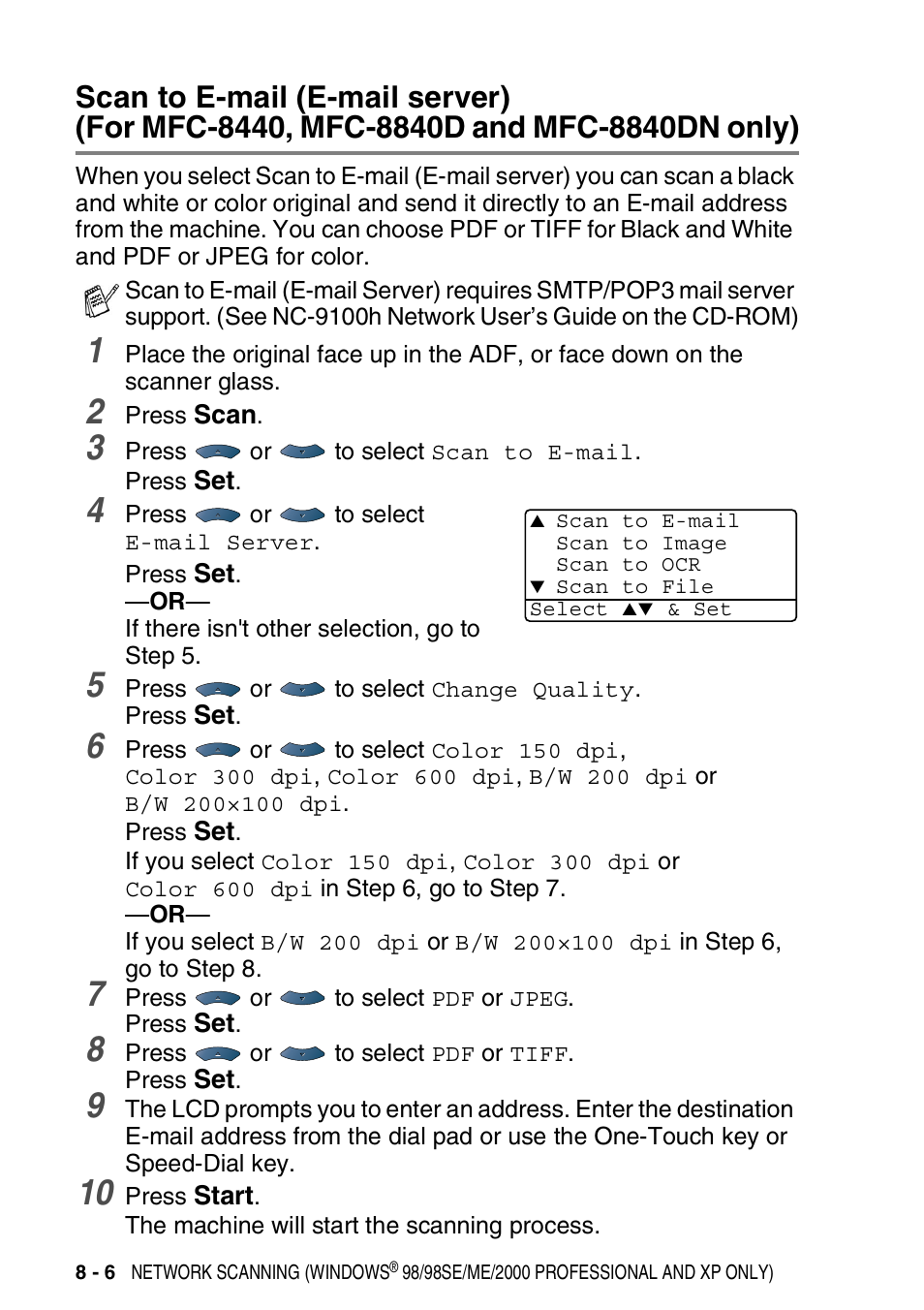 Scan to e-mail (e-mail server) (for mfc-8440, Mfc-8840d and mfc-8840dn only) -6 | Brother DCP-8040 User Manual | Page 168 / 178