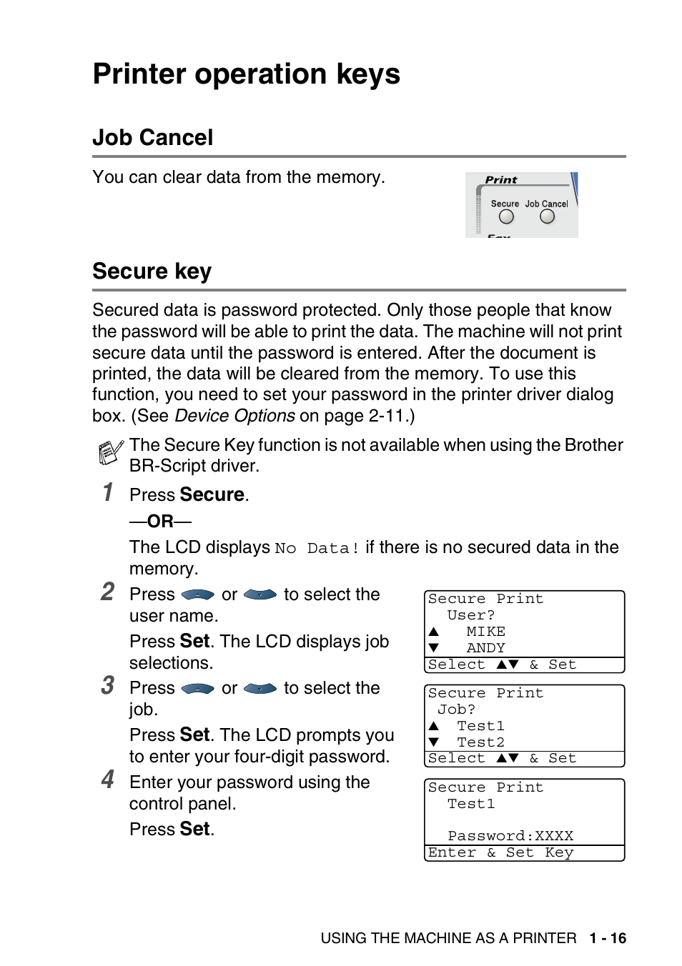 Printer operation keys, Job cancel, Secure key | Printer operation keys -16, Job cancel -16 secure key -16 | Brother DCP-8040 User Manual | Page 23 / 178