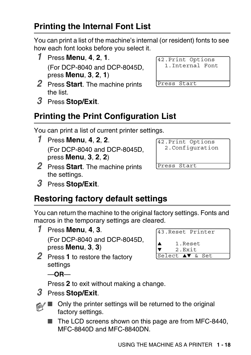 Printing the internal font list, Printing the print configuration list, Restoring factory default settings | Brother DCP-8040 User Manual | Page 25 / 178