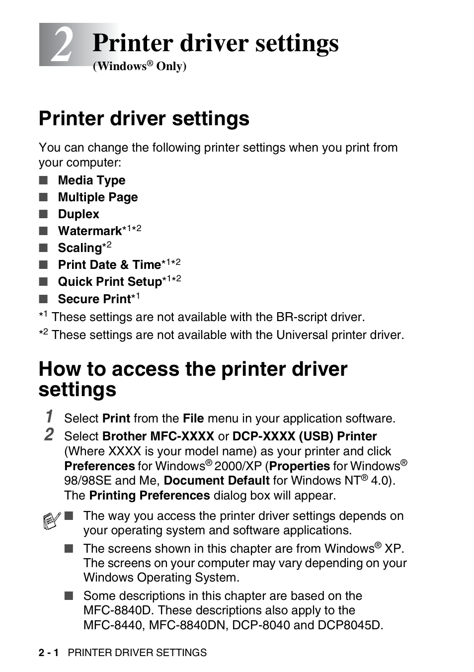 2 printer driver settings (windows® only), Printer driver settings, How to access the printer driver settings | Printer driver settings (windows, Only) -1 | Brother DCP-8040 User Manual | Page 26 / 178