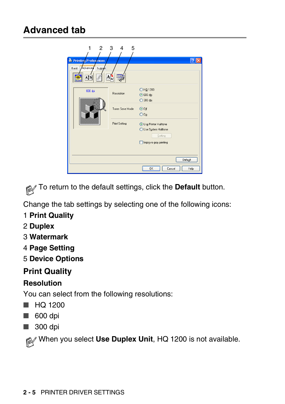 Advanced tab, Print quality, Advanced tab -5 | Print quality -5 | Brother DCP-8040 User Manual | Page 30 / 178