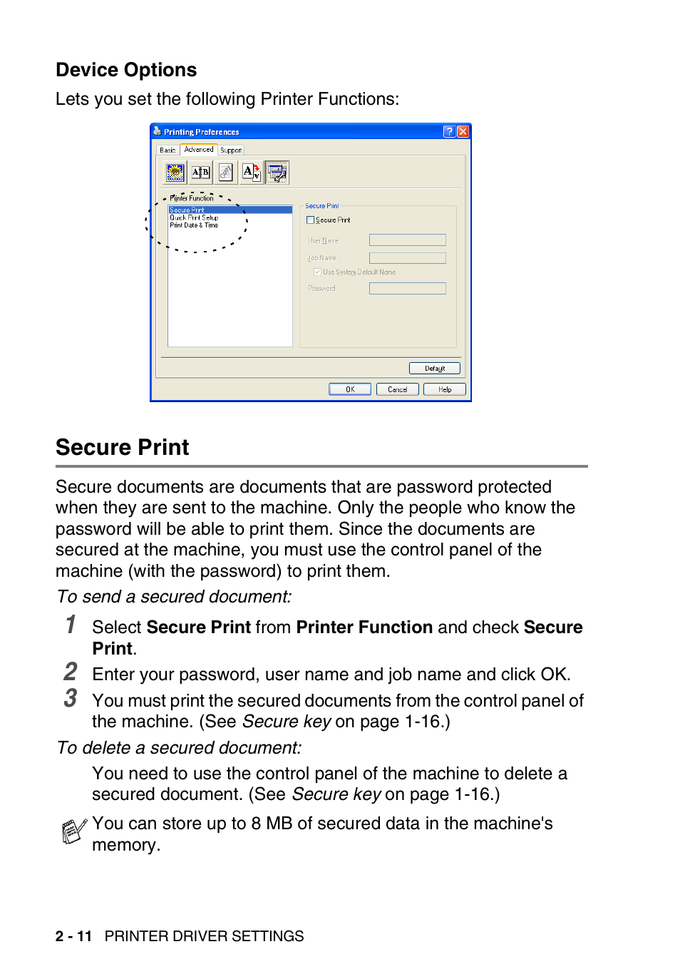 Device options, Secure print, Device options -11 | Secure print -11 | Brother DCP-8040 User Manual | Page 36 / 178