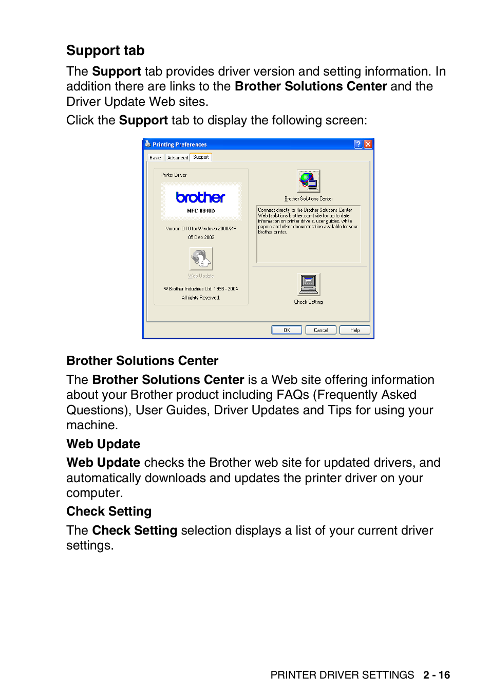 Support tab, Support tab -16 | Brother DCP-8040 User Manual | Page 41 / 178