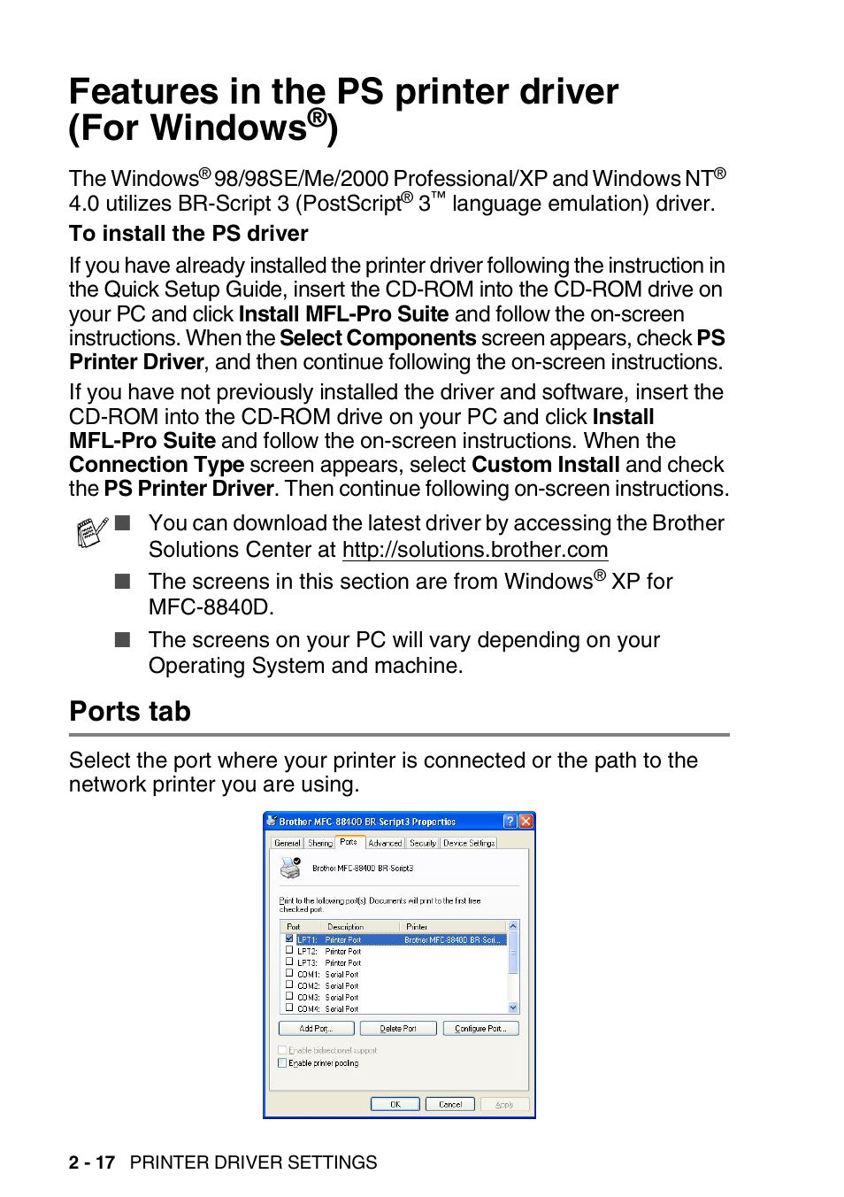 Features in the ps printer driver (for windows®), Ports tab, Features in the ps printer driver (for windows | Ports tab -17 | Brother DCP-8040 User Manual | Page 42 / 178