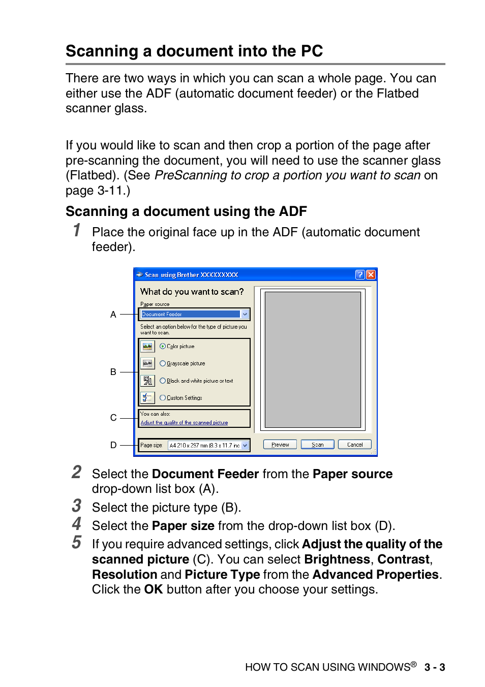 Scanning a document into the pc, Scanning a document using the adf, Scanning a document into the pc -3 | Scanning a document using the adf -3 | Brother DCP-8040 User Manual | Page 49 / 178