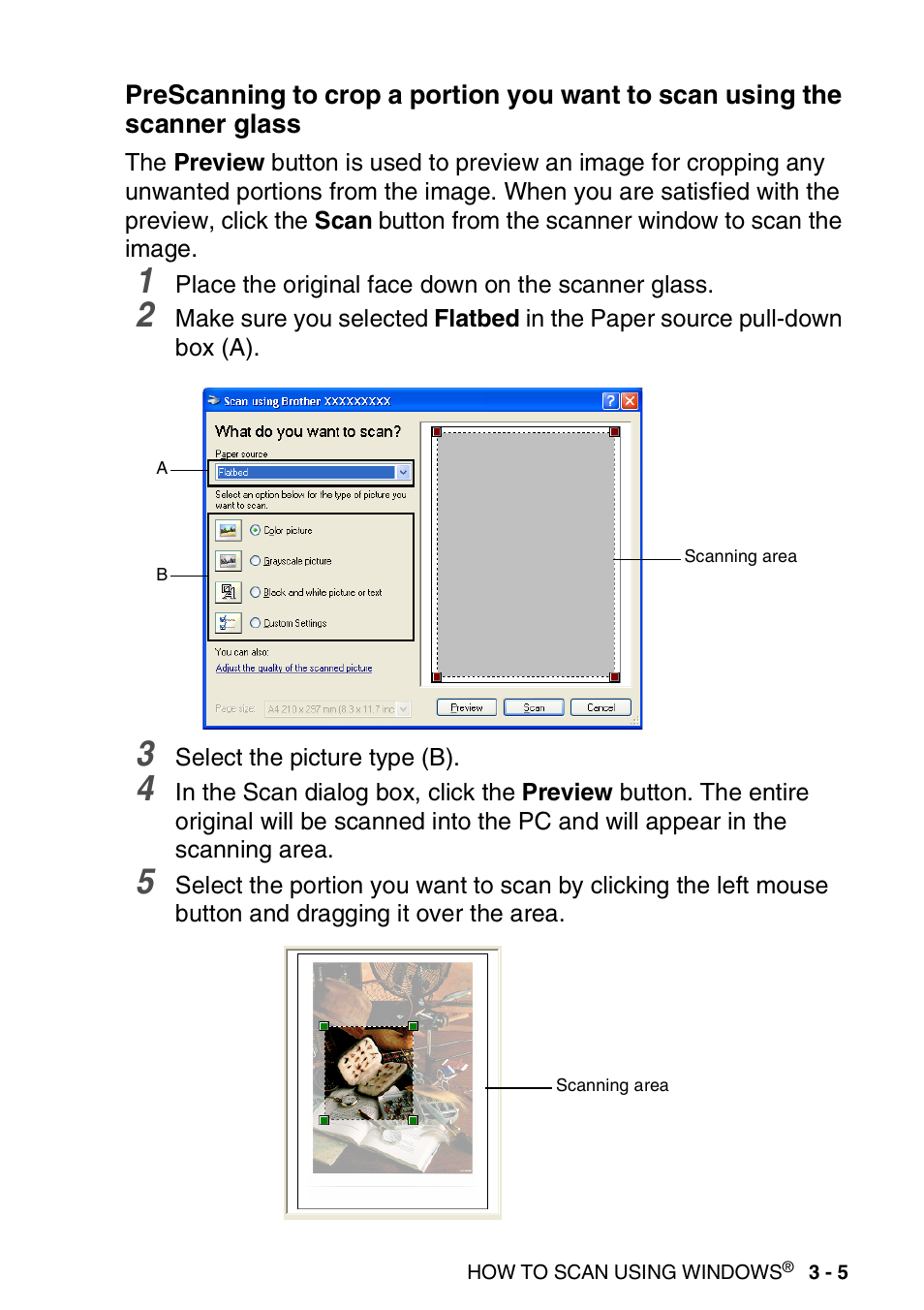 Prescanning to crop a portion you want to, Scan using the scanner glass -5 | Brother DCP-8040 User Manual | Page 51 / 178