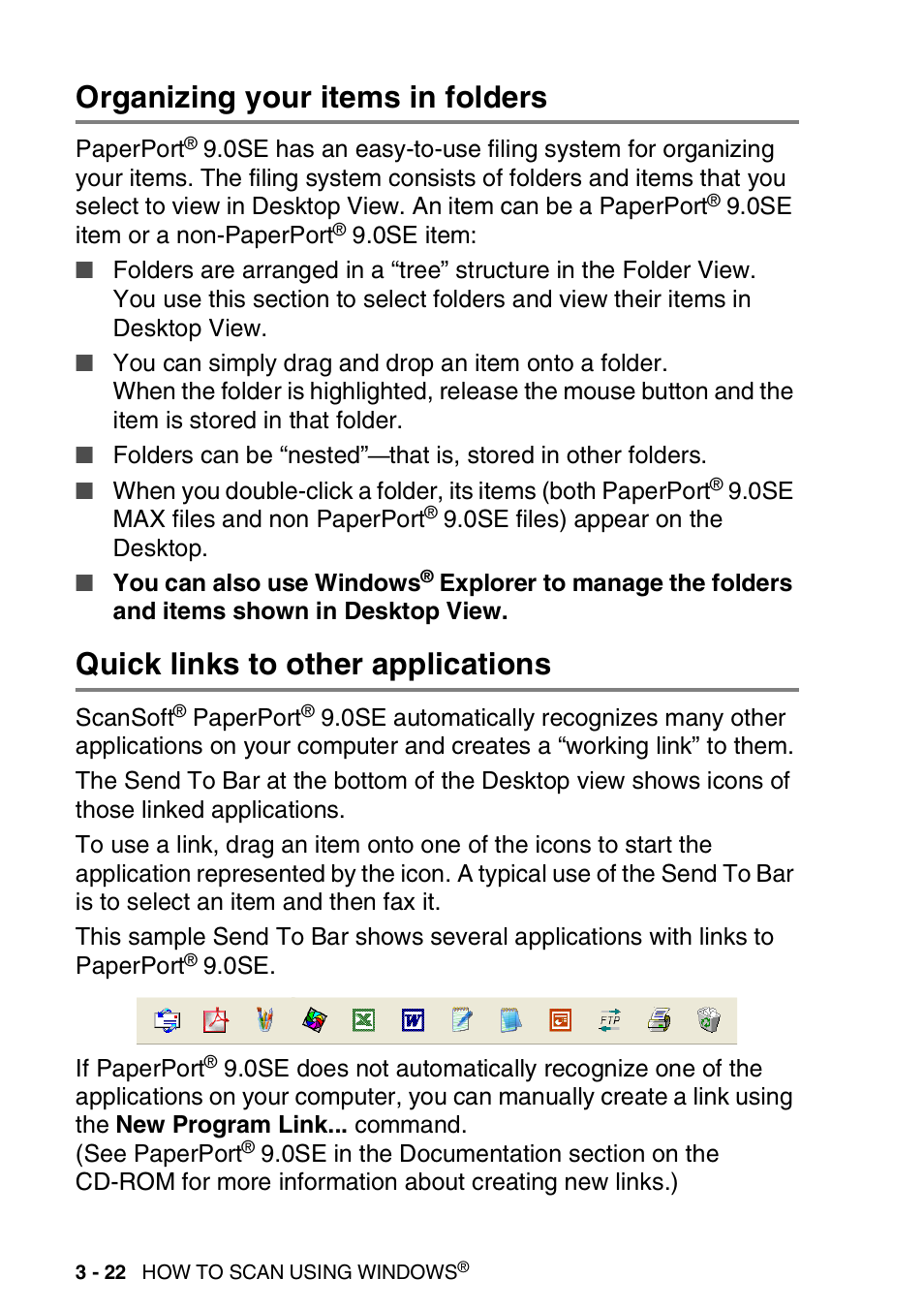 Organizing your items in folders, Quick links to other applications | Brother DCP-8040 User Manual | Page 68 / 178