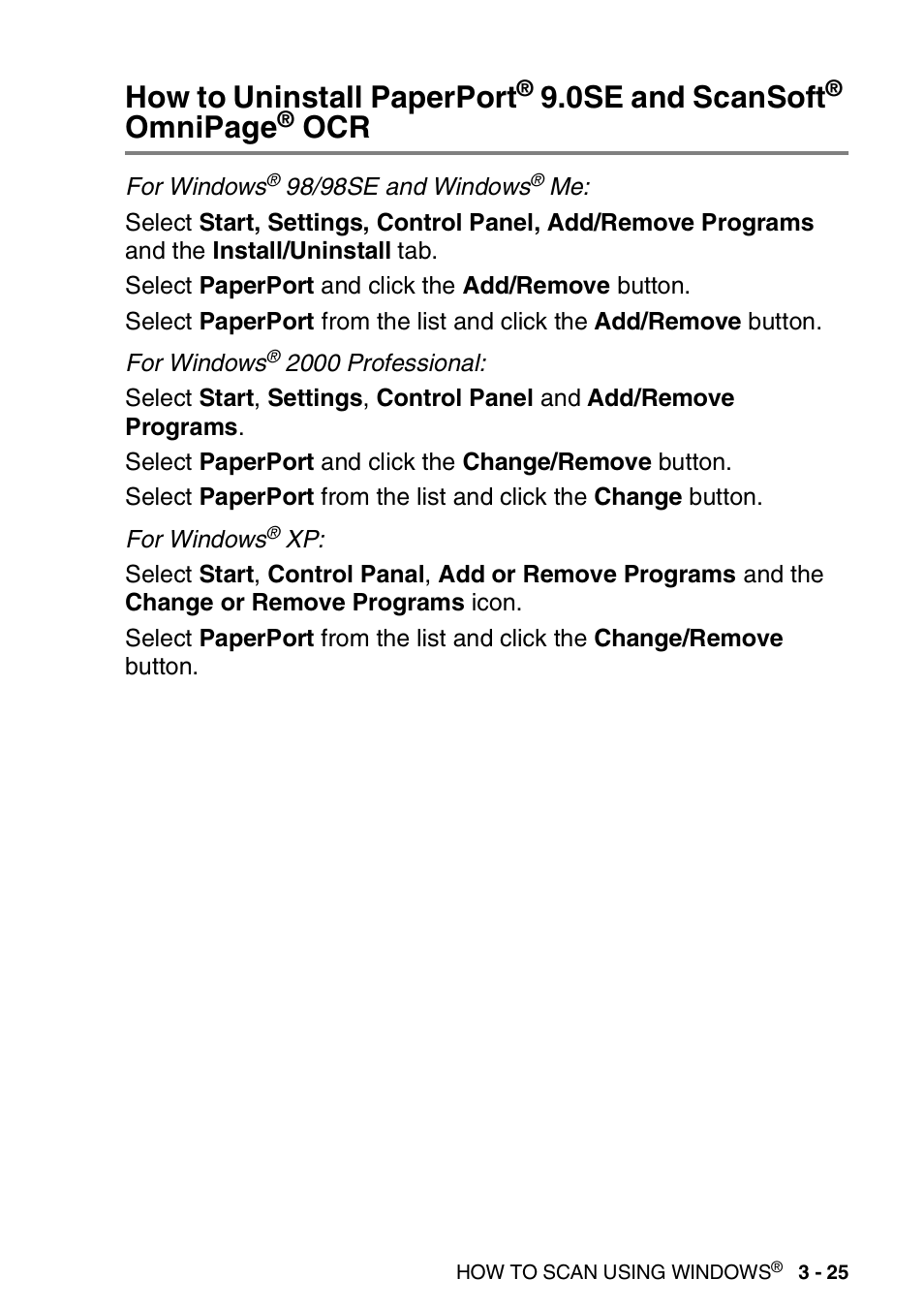 How to uninstall paperport, 0se and, Scansoft | Ocr -25, 0se and scansoft, Omnipage | Brother DCP-8040 User Manual | Page 71 / 178