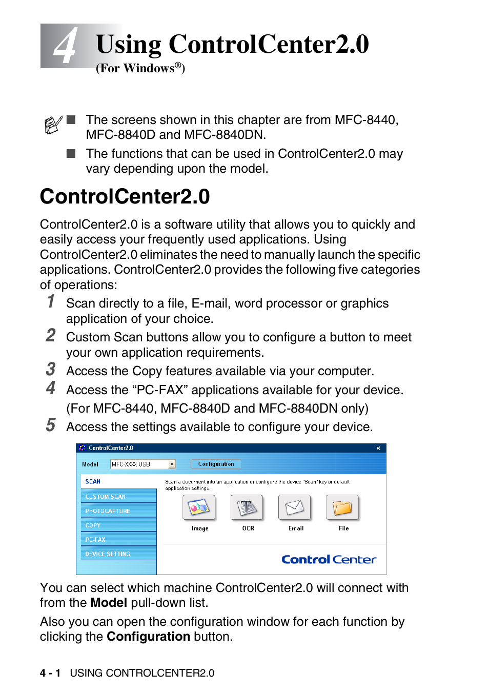 4 using controlcenter2.0 (for windows®), Controlcenter2.0, Using controlcenter2.0 (for windows | Controlcenter2.0 -1, Using controlcenter2.0 | Brother DCP-8040 User Manual | Page 72 / 178