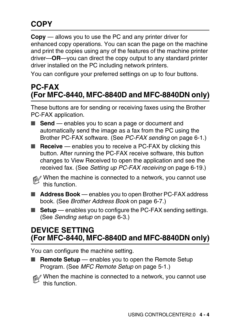 Copy, Copy -4 pc-fax (for mfc-8440, mfc-8840d and, Mfc-8840dn only) -4 | Device setting (for mfc-8440, mfc-8840d and | Brother DCP-8040 User Manual | Page 75 / 178