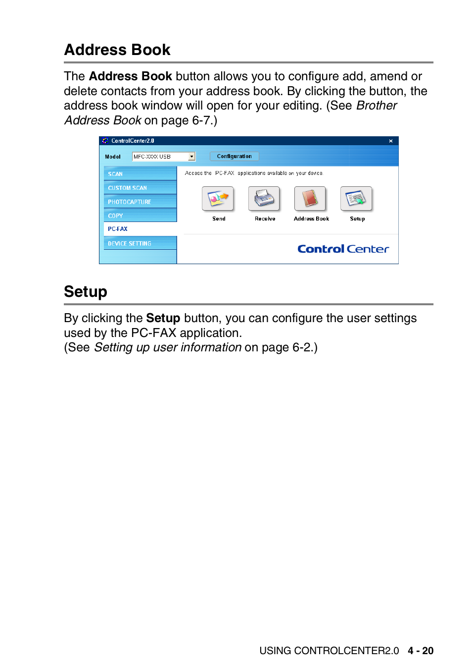 Address book, Setup, Address book -20 setup -20 | Brother DCP-8040 User Manual | Page 91 / 178