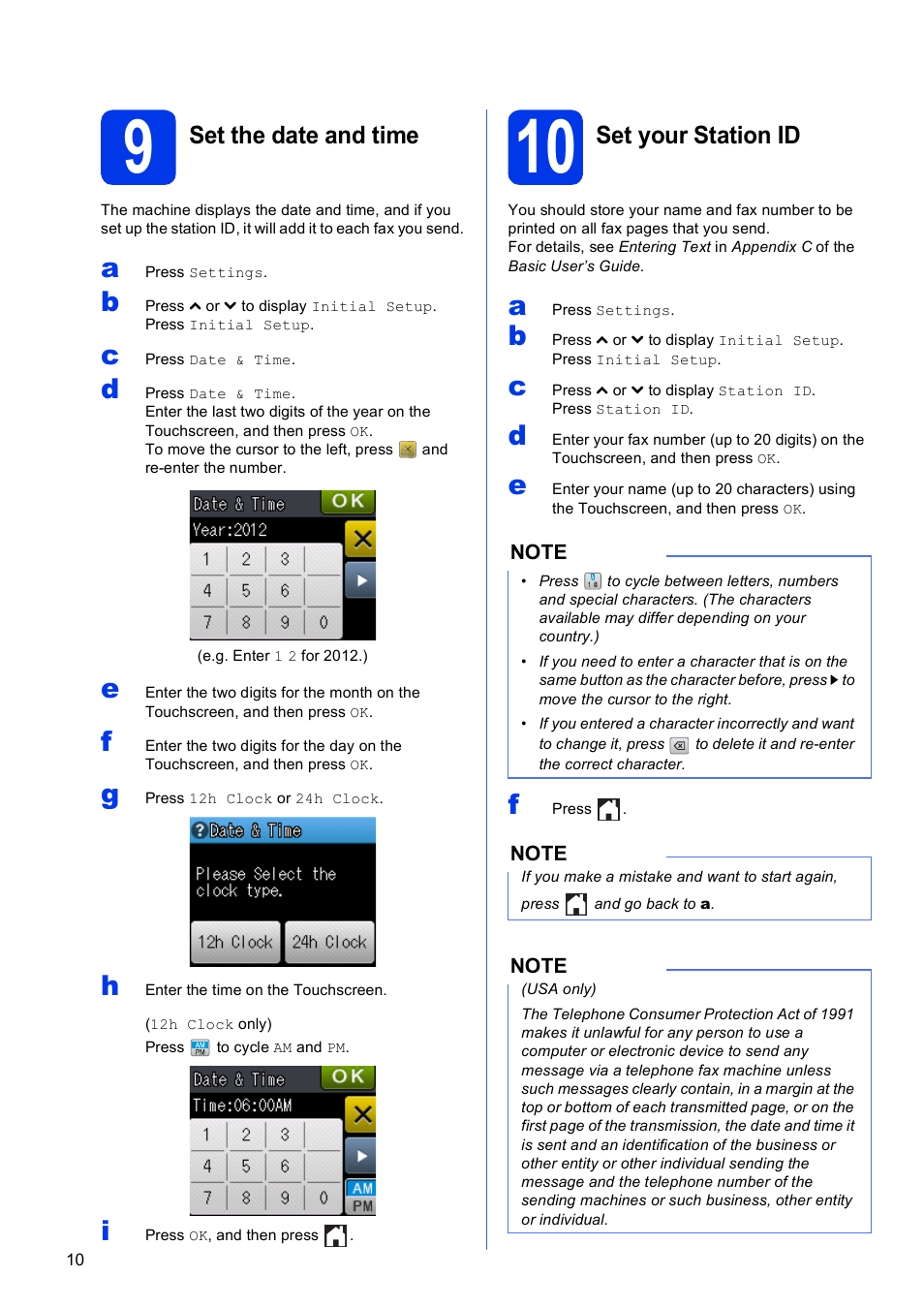 9 set the date and time, 10 set your station id, Set the date and time | Set your station id | Brother MFC-J4310DW User Manual | Page 10 / 46