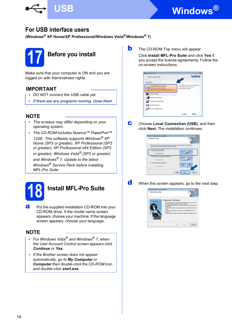 17 before you install, 18 install mfl-pro suite, Windows | For usb interface users, Before you install, Install mfl-pro suite | Brother MFC-J4310DW User Manual | Page 14 / 46