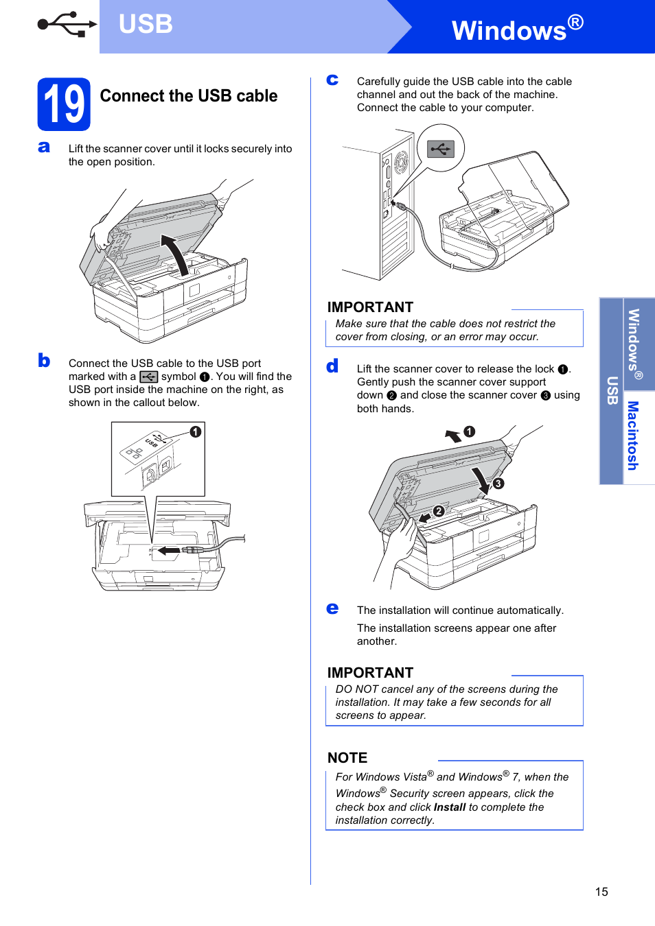 19 connect the usb cable, Windows, Connect the usb cable | Brother MFC-J4310DW User Manual | Page 15 / 46