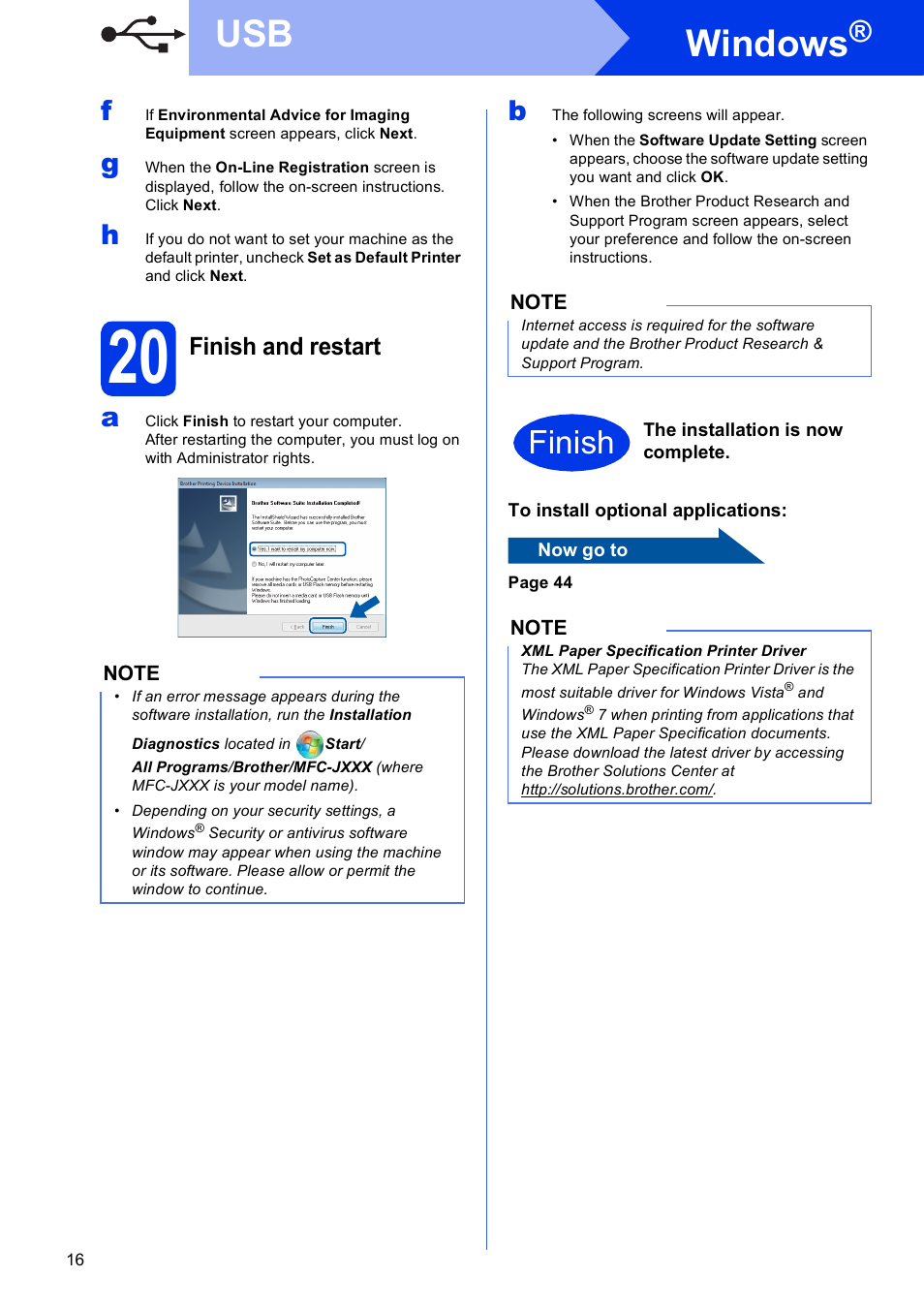 20 finish and restart, Windows, Finish | Finish and restart | Brother MFC-J4310DW User Manual | Page 16 / 46