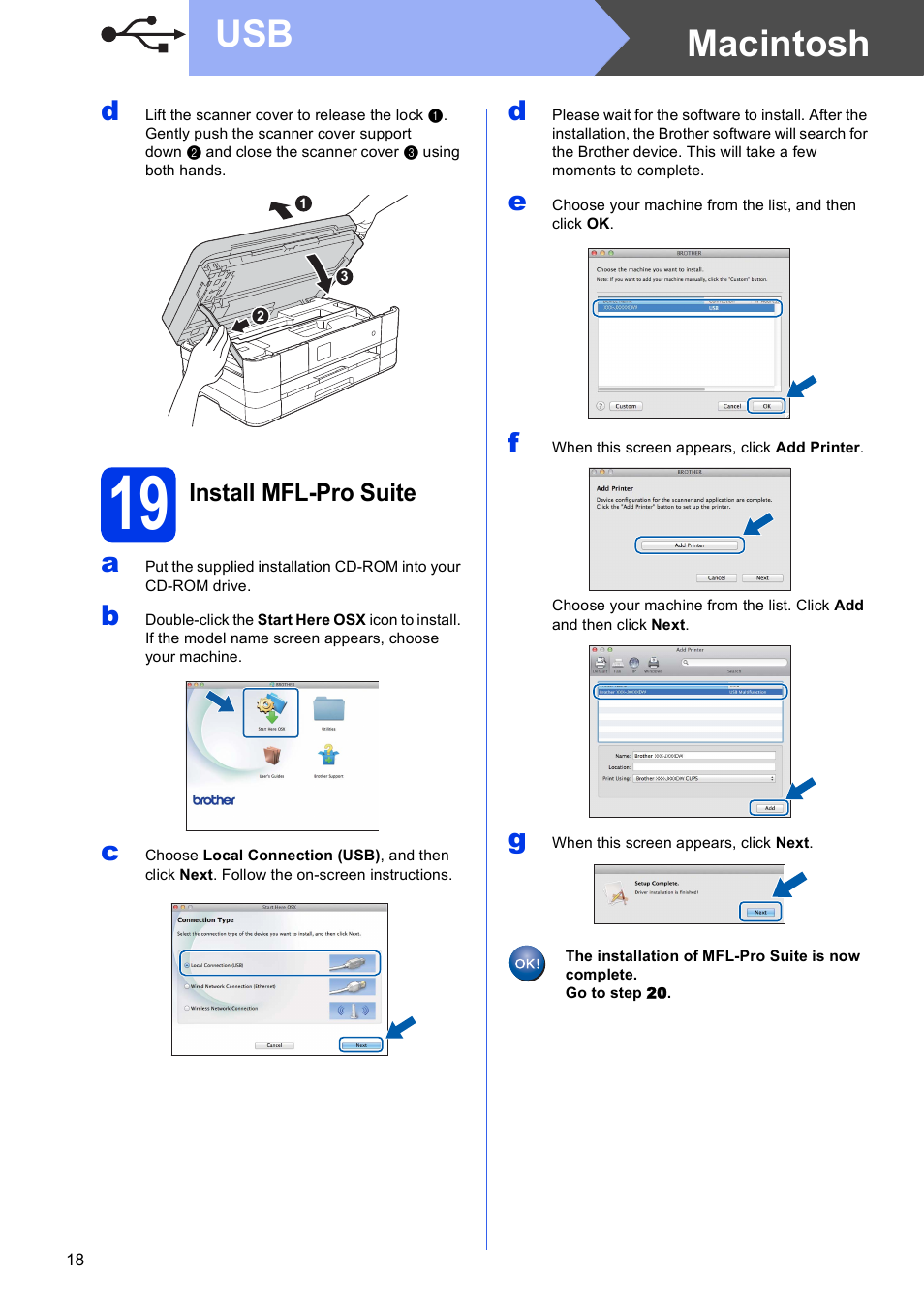 19 install mfl-pro suite, Macintosh usb | Brother MFC-J4310DW User Manual | Page 18 / 46