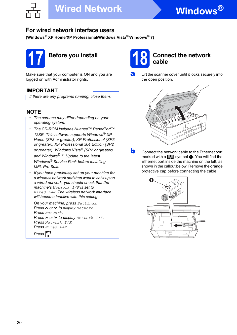 17 before you install, 18 connect the network cable, Windows | Wired network, For wired network interface users, Before you install, Connect the network cable | Brother MFC-J4310DW User Manual | Page 20 / 46