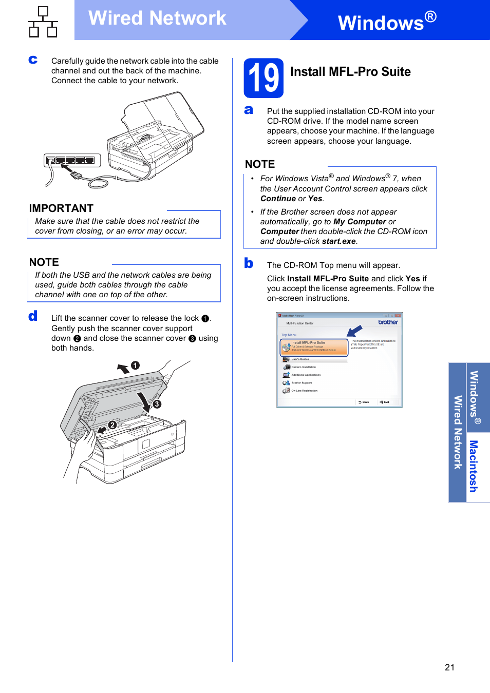 19 install mfl-pro suite, Windows, Wired network | Install mfl-pro suite | Brother MFC-J4310DW User Manual | Page 21 / 46