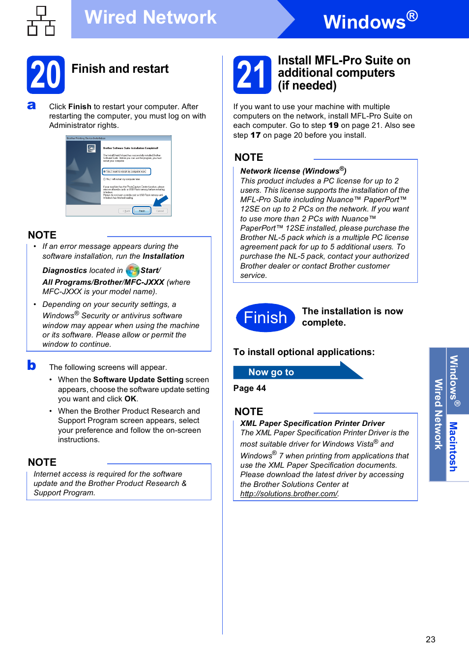 20 finish and restart, Windows, Wired network | Finish, Finish and restart | Brother MFC-J4310DW User Manual | Page 23 / 46