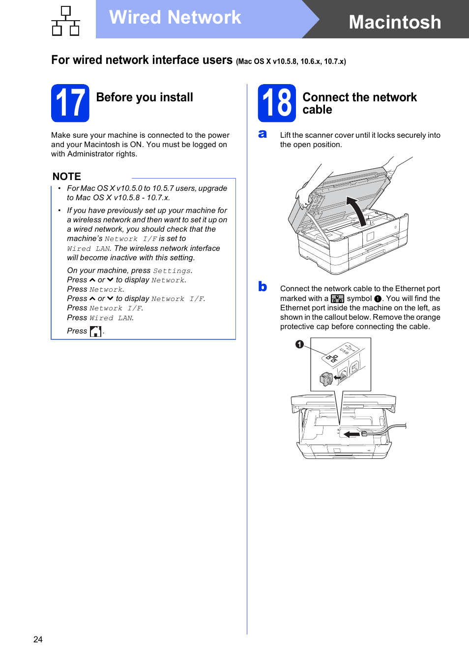17 before you install, 18 connect the network cable, Macintosh wired network | Brother MFC-J4310DW User Manual | Page 24 / 46