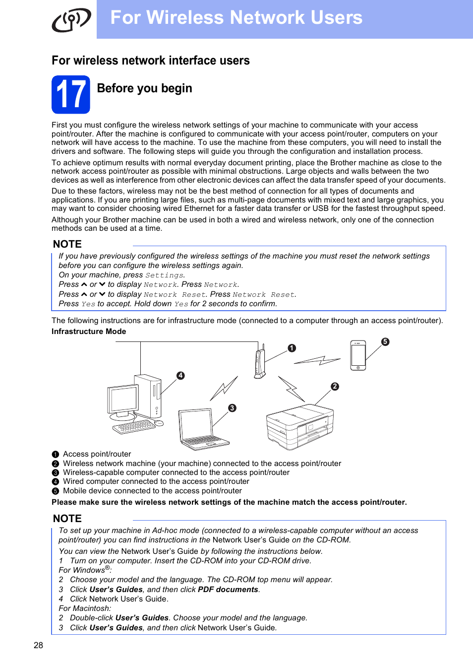For wireless network interface users, 17 before you begin, For wireless network users | Before you begin | Brother MFC-J4310DW User Manual | Page 28 / 46