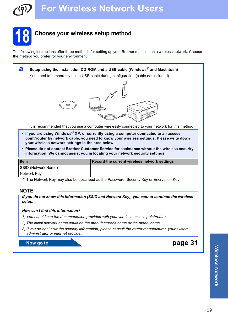 18 choose your wireless setup method, For wireless network users, Page 31 | Choose your wireless setup method | Brother MFC-J4310DW User Manual | Page 29 / 46