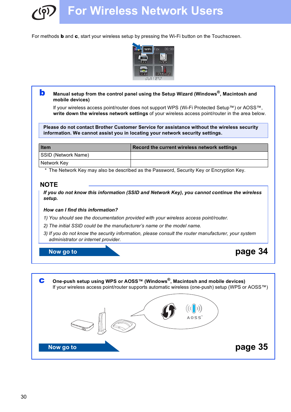 For wireless network users, Page 34 c, Page 35 | Brother MFC-J4310DW User Manual | Page 30 / 46