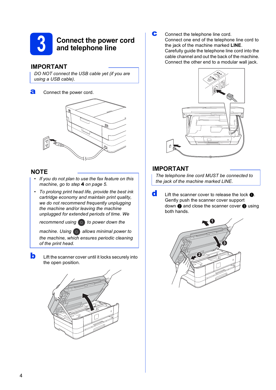 3 connect the power cord and telephone line, Connect the power cord and telephone line | Brother MFC-J4310DW User Manual | Page 4 / 46