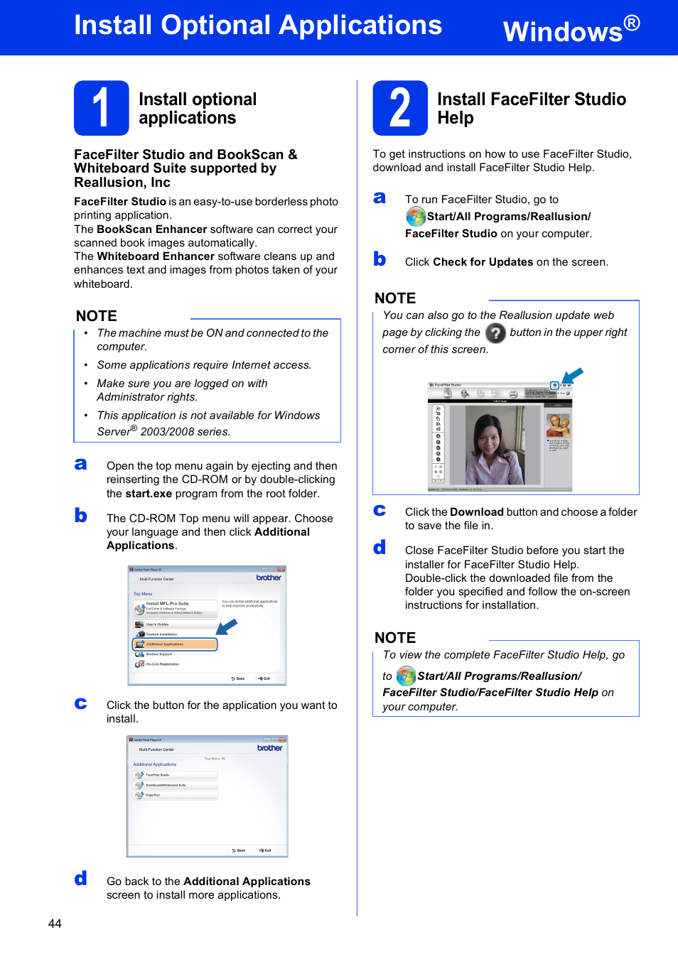 Install optional applications windows, 1 install optional applications, 2 install facefilter studio help | Windows, Install optional applications | Brother MFC-J4310DW User Manual | Page 44 / 46