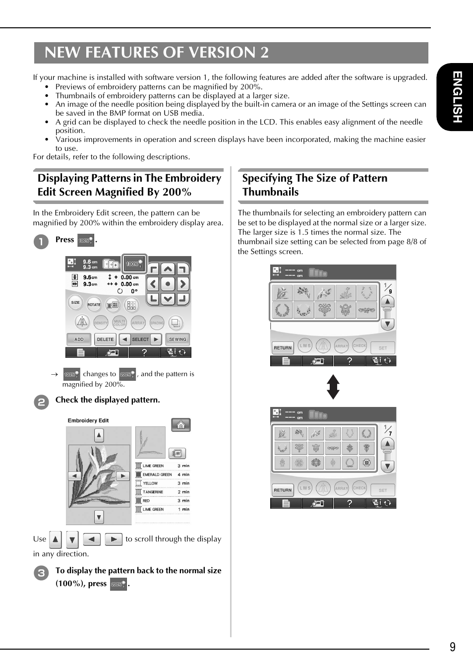 New features of version 2, Specifying the size of pattern thumbnails, 9en g lis h | Brother Innov-is 6000D User Manual | Page 10 / 21