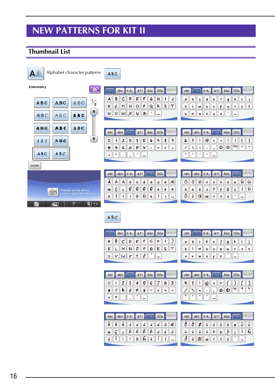 New patterns for kit ii, Thumbnail list | Brother Innov-is 6000D User Manual | Page 17 / 21