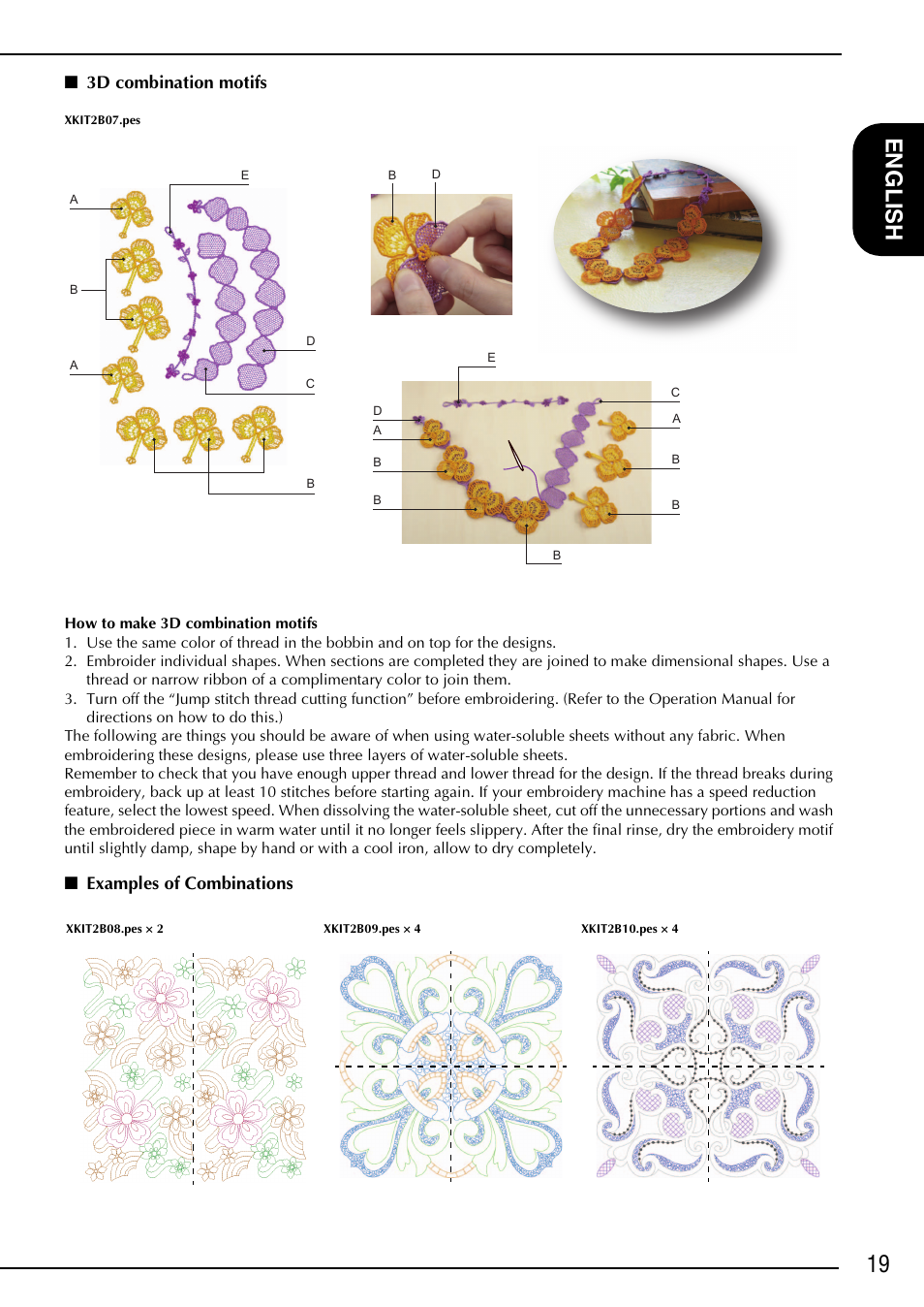 19 en g lis h, 3d combination motifs, Examples of combinations | Brother Innov-is 6000D User Manual | Page 20 / 21