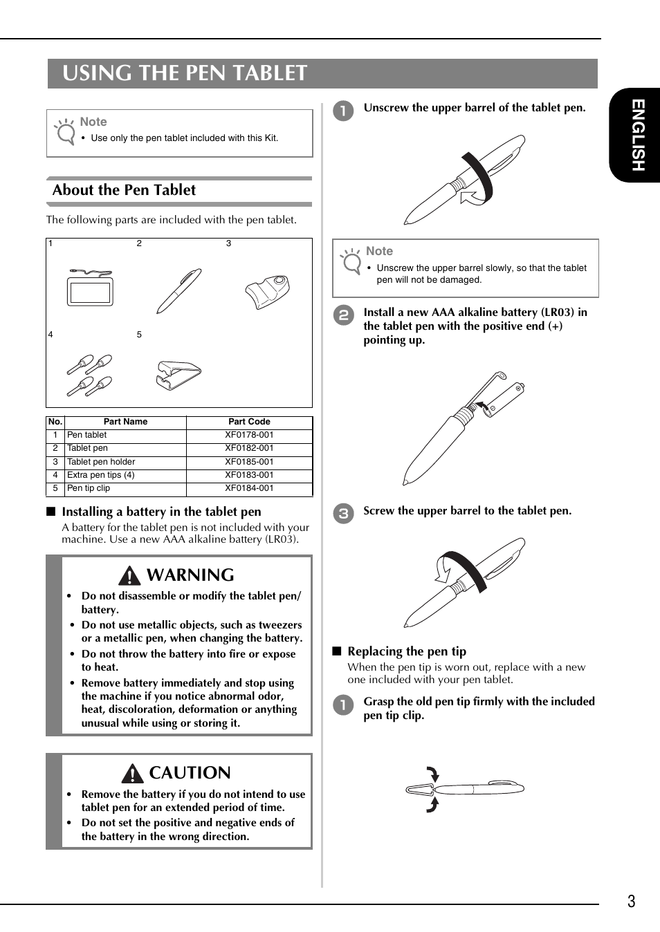 Using the pen tablet, About the pen tablet, Warning | Caution, 3en g lis h | Brother Innov-is 6000D User Manual | Page 4 / 21