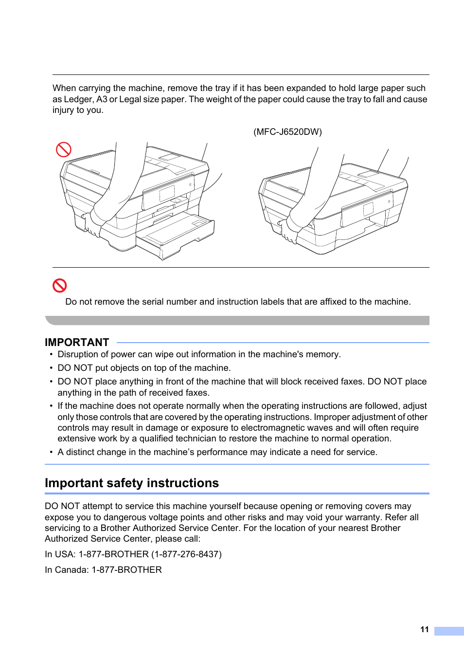 Important safety instructions, Important, Mfc-j6520dw) | Brother MFC-J6520DW User Manual | Page 11 / 20