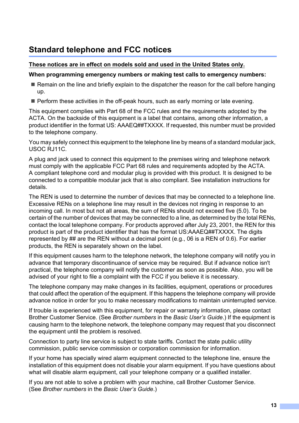 Standard telephone and fcc notices | Brother MFC-J6520DW User Manual | Page 13 / 20