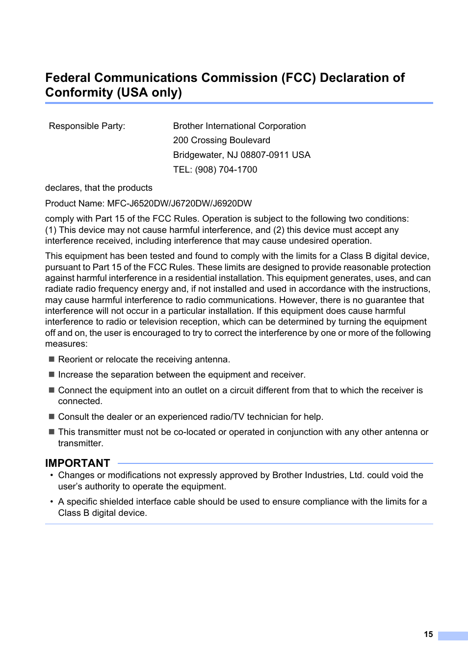 Important | Brother MFC-J6520DW User Manual | Page 15 / 20