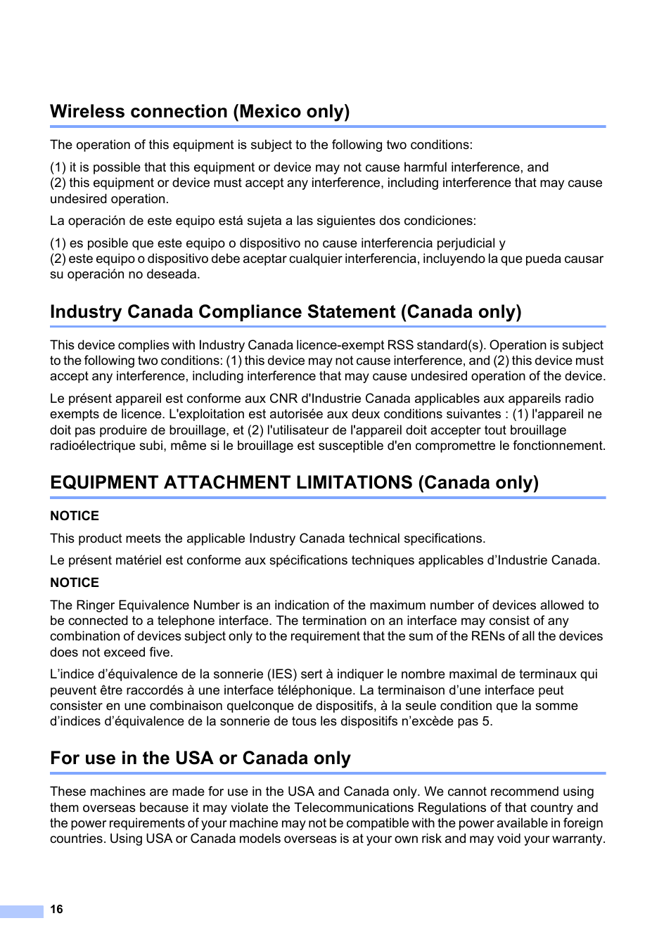 Wireless connection (mexico only), Industry canada compliance statement (canada only), Equipment attachment limitations (canada only) | For use in the usa or canada only | Brother MFC-J6520DW User Manual | Page 16 / 20