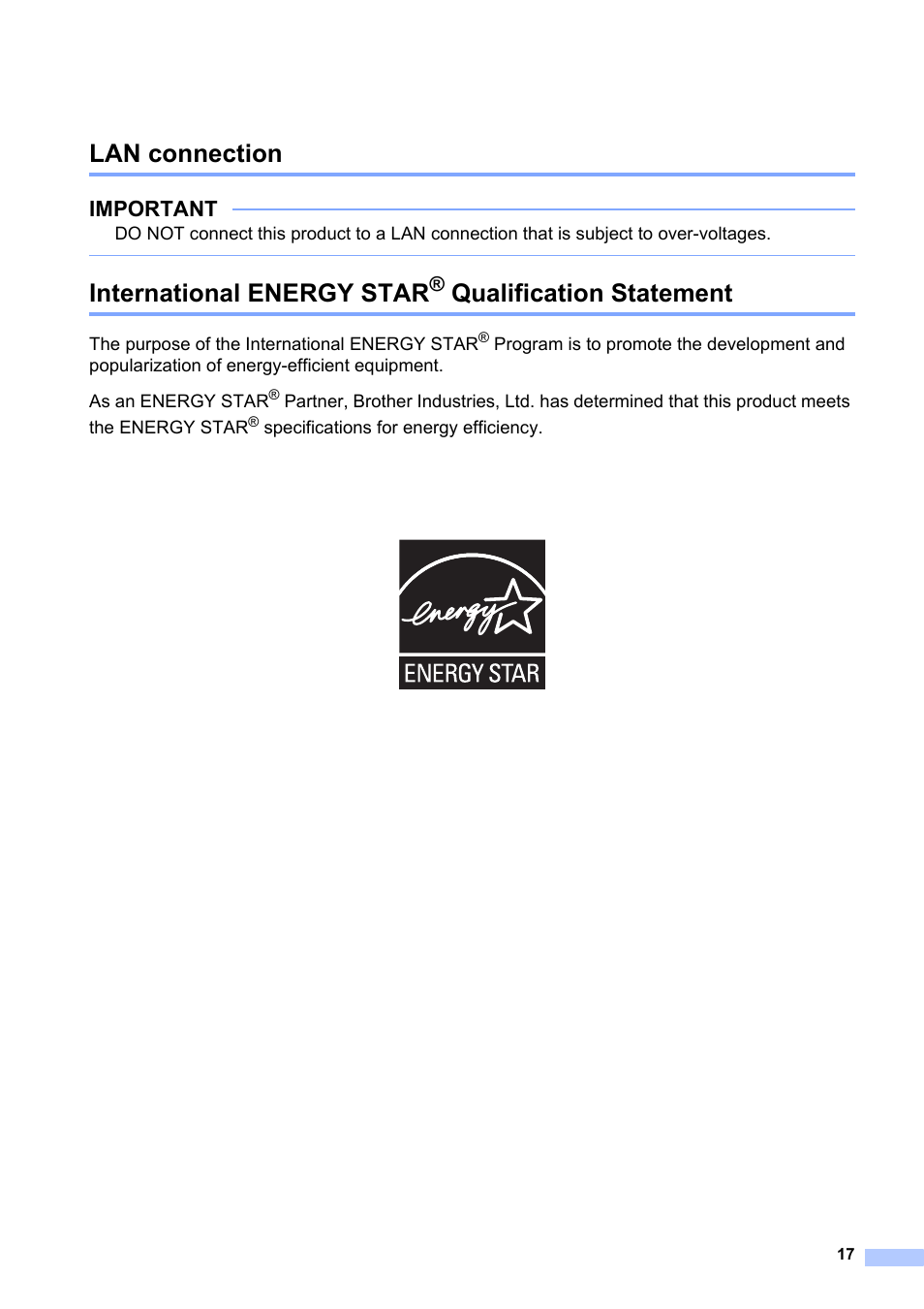 Lan connection, International energy star® qualification statement, International energy star | Qualification statement, Important | Brother MFC-J6520DW User Manual | Page 17 / 20