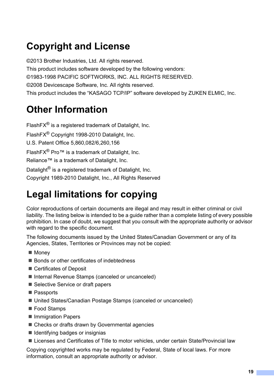 Copyright and license, Other information, Legal limitations for copying | Brother MFC-J6520DW User Manual | Page 19 / 20