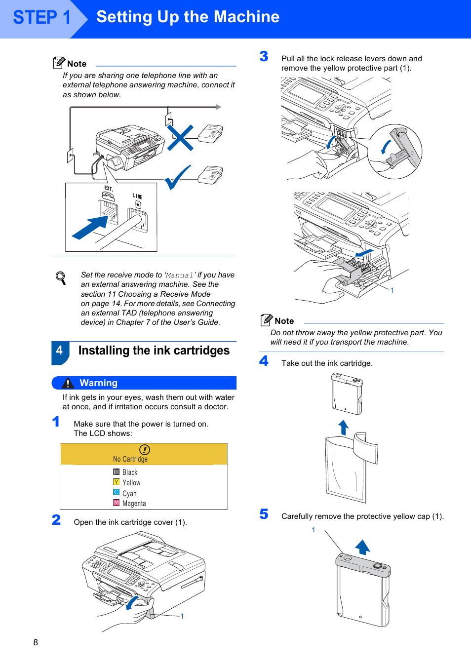 4 installing the ink cartridges, Installing the ink cartridges, Step 1 | Setting up the machine, 4installing the ink cartridges, Warning | Brother MFC-885CW User Manual | Page 10 / 60