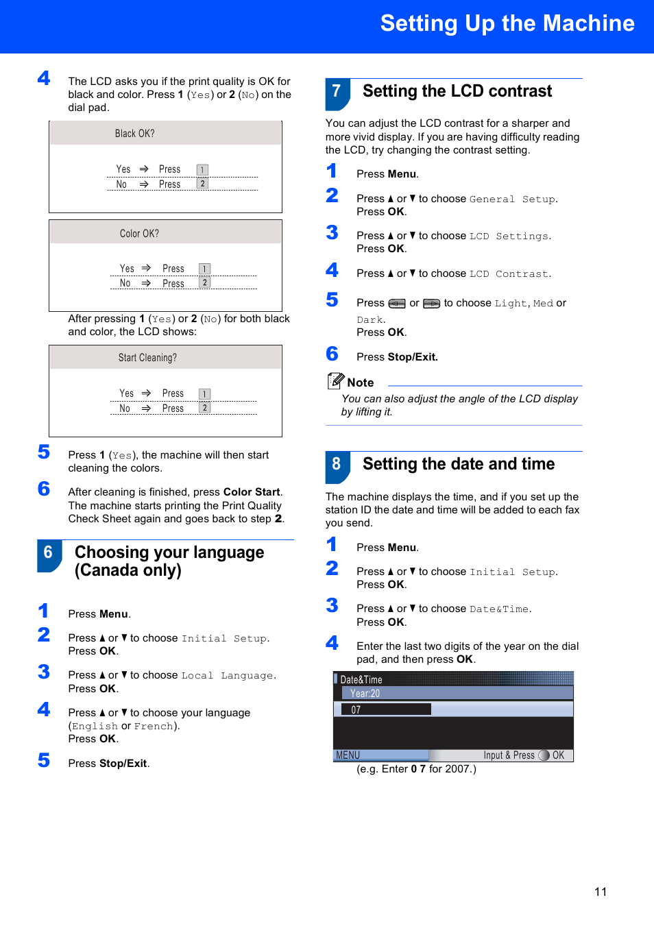 6 choosing your language (canada only), 7 setting the lcd contrast, 8 setting the date and time | Setting up the machine, 6choosing your language (canada only), 7setting the lcd contrast, 8setting the date and time | Brother MFC-885CW User Manual | Page 13 / 60