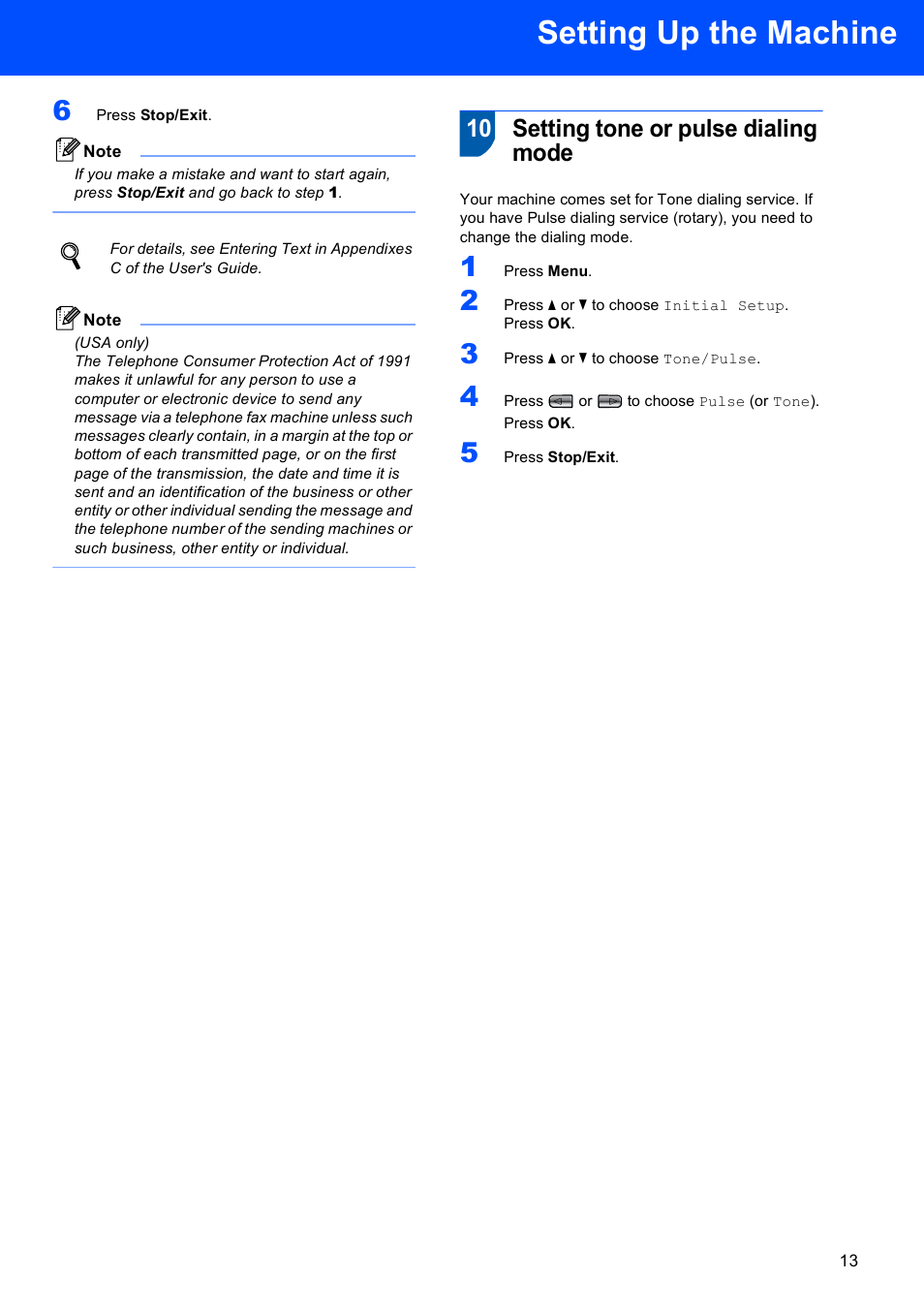 10 setting tone or pulse dialing mode, Setting tone or pulse dialing mode, Setting up the machine | Brother MFC-885CW User Manual | Page 15 / 60