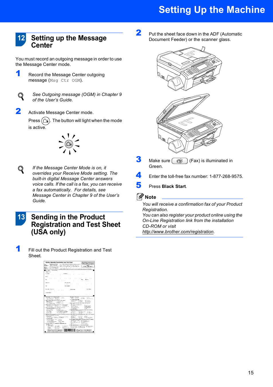 12 setting up the message center, Setting up the machine | Brother MFC-885CW User Manual | Page 17 / 60